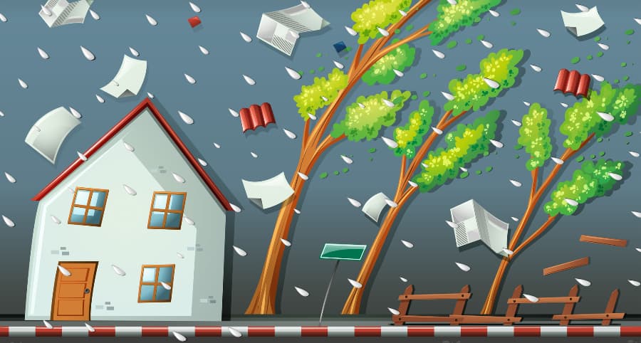 Graphic of a storm striking a home and surrounding environment